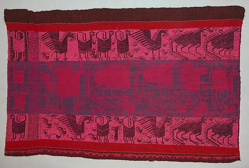Bolivia, Potolo Llacota Mantle with Mythical Animals in Pink and Blue on Maroon Ground
These fantastic animals, demons and monsters are unique to Potolo. These creatures and are said to be envisioned by young women who participate in a ritual that involves spending the night in a cave, likely while using entheogens.  This coming-of-age ritual and the visions of demons and strange animals are considered a part of the young Potolan woman’s passage from childhood into adulthood.  Potolan weavings, and the animals they portray are associated with sexuality and fertility.
Mounted on a stretcher.

Media: Textile
Dimensions: Width 39" x Hieght 29"
$2,900
89256