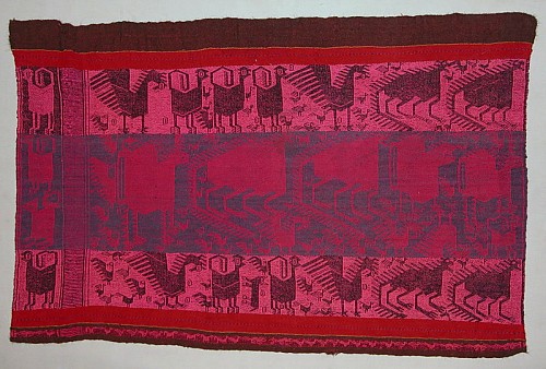 Exhibition: AFFORDABLE ARTIFACTS: $3,500 and UNDER, Work: Potolo Llacota Mantle with Mythical Animals in Pink and Blue on Maroon Ground $2,900