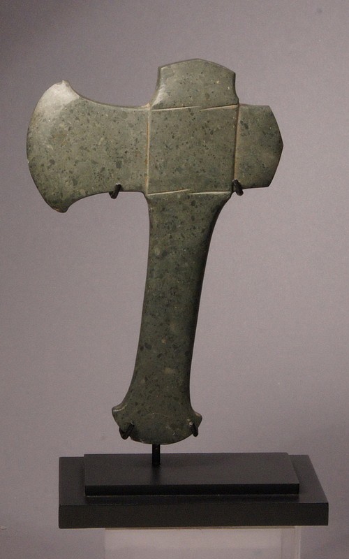 Colombia, Tairona dark gray-green stone handled ax
Smoothly polished, dark gray stone ax is of superior quality. Similar stone carved axes are in the Field Museum in Chicago Mason- Archaeology of the Tairona Cultura of Colombia, figs. 2-4, 9 & 12, Chicago 1939. The Tairona Cacique uses this as a symbol of power. The Mound Builder Indians of the Mississippi Basin had similar axes.
Media: Stone
Dimensions: Height: 7 1/4" x Width: 4 3/4"
Price Upon Request
99231