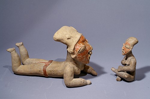 Guangala Pair of Female Figures, one lying down and one seated with hand to breast $12,000