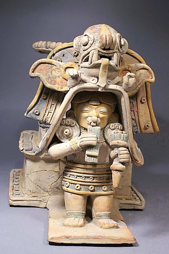 Ceramic: Jama-coaque Temple Scene with priest playing a flute $29,500