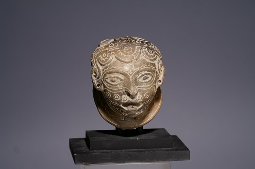 Monteno incised ceramic container in the form of a head with tattoos all over $1,100