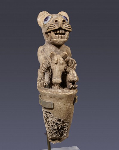 Huari bone carved "Attelatel" handle with seated feline and deer $9,500