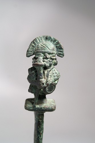 Peru - Moche Copper Spatula of a Warrior-lord with staff and shield $5,500