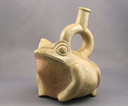 Ceramic: Moche I Ceramic stirrup-spout effigy of a seated toad in buff with red throat $5,400