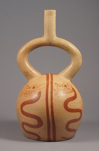Moche IV fine line ceramic stirrup spout vessel of Serpents $4,500