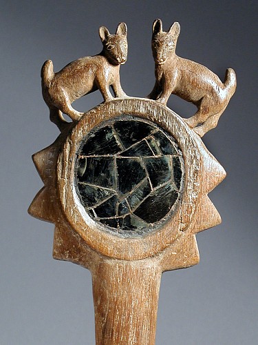 Wari Long Handle Wood Mirror Back with two deer carved on top Price Upon Request
