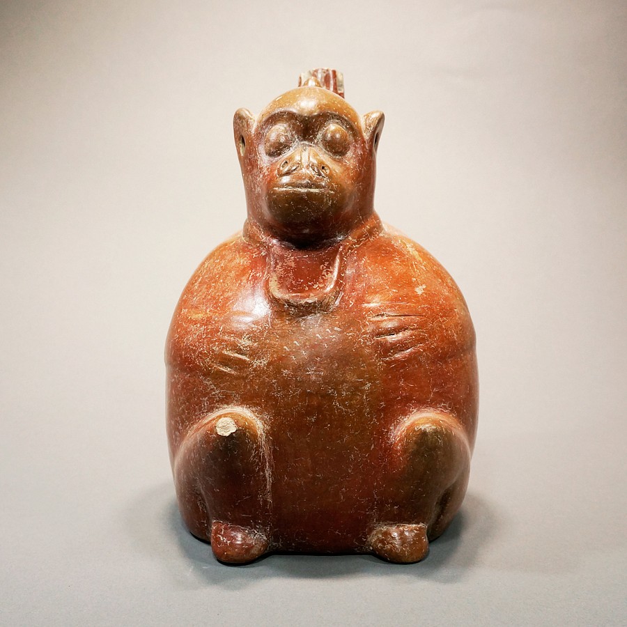 Ecuador, Chorrera Ceramic Baboon
Red brown bridge spout vessel of a baboon effigy with hands on chest and wearing a pendant. A similar example is illustrated in Valdez and Veintimilla, "Ameridian Signs: 5000 Years of Precolumbian Art in Ecuador" (1992: 54. The Chorrera culture, along with the Moche of Peru, were the only Andean societies to produce realistic ceramics at a very high level.
Media: Ceramic
Dimensions: Height 8.1/4"
$15,000
94008
