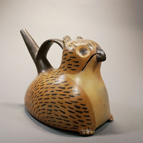 Ceramic: Wari Single Spout Owl Effigy Vessel in tan with black highlights Price Upon Request