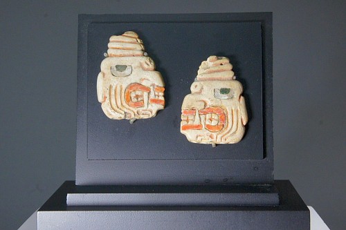 Pair of ChaviÂ­n Shell Ear Pendants with Fanged Deity Heads Wearing Turbans $7,500