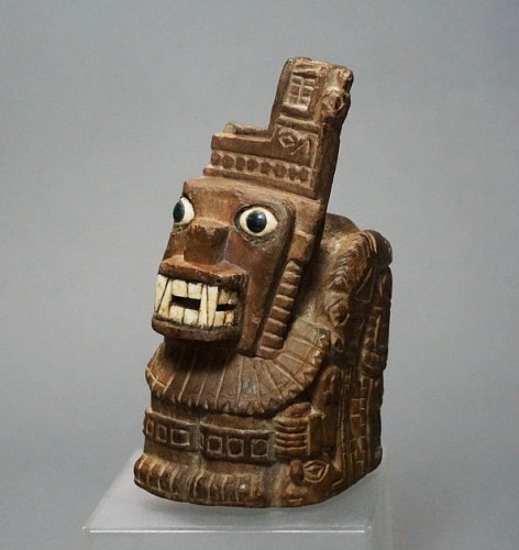Exhibition: Pre-Colombian Wood, Work: Large Wari Carved Wood Lime Container Representing a Decapitator $8,000