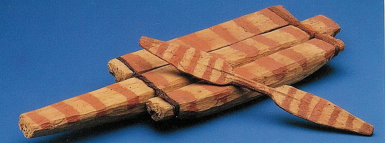 Chile, Small Chilean Arica Model Raft with Oar
This very rare model is intact with its original sea-lion leather lashing and double sided oar. These models are found in tombs and suggest that the deceased person was a sailor. This model is painted with red pigment.  It is a small example but it is in excellent condition.  The model is similar to one found in "THE INKA EMPIRE AND ITS ANDEAN ORIGINS" by Craig Morris.
Media: Wood
Dimensions: Length 10" x Width 3 1/4"
Price Upon Request
98095