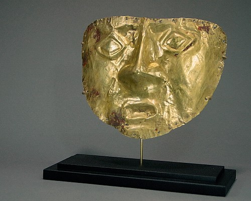 Inca gold Mask with Traces of the Original Cinnabar Patina Price Upon Request