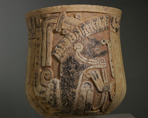 Mayan Carved Fluted Vase Depicting God "L" in Relief Price Upon Request