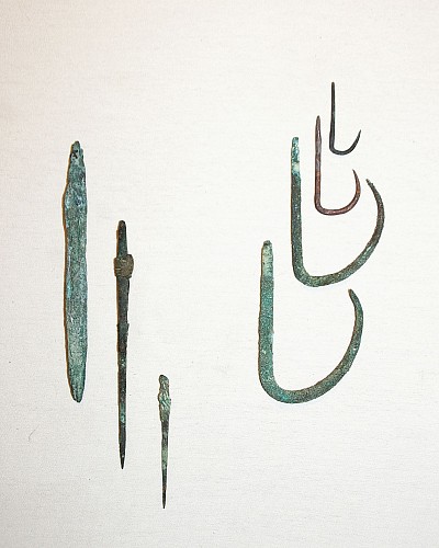 Exhibition: Fishing Methods and Implements of Ancient Chile, Work: Copper Spear Tips and Fish Hooks