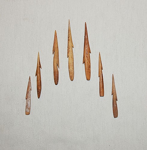 Exhibition: Fishing Methods and Implements of Ancient Chile, Work: 7 Bone Carved Barbs for Harpoon