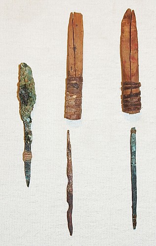 Exhibition: Fishing Methods and Implements of Ancient Chile, Work: Three Copper Drill Bits and Two Wood Drill Chucks