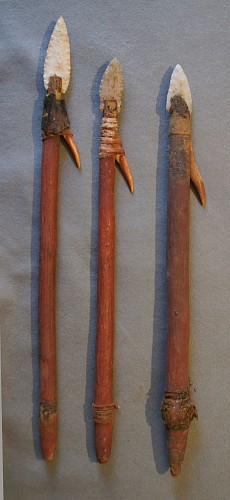 Three Early Seal Harpoons with Oval Stone Points, Bone Barbs and Wood Shafts