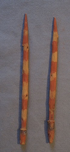 Two Early Carved Wooden Harpoon Points Painted with Red Stripes
