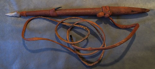 Large Whaling Harpoon Forepiece with Stone Point, Copper Barb, and Original Leather Line