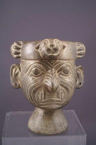 Ceramic: Moche Grayware Rattle Cup with the Decapitator $5,200