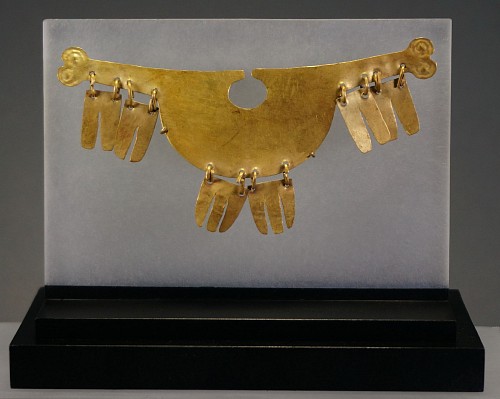 Exhibition: Online Exhibition of Over 40 Pre-Colombian Gold Works, Work: Salinar-Early Moche Gold Nose Ornament With Dangles in the Form of Bird Feathers Price Upon Request