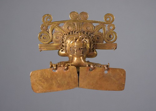 Exhibition: Online Exhibition of Over 40 Pre-Colombian Gold Works, Work: Quimbaya Style Gold Pendant of a Tumbling Shaman with Two Rectangular Dangles Price Upon Request