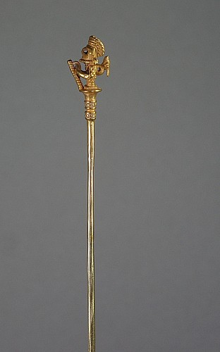 Exhibition: Online Exhibition of Over 40 Pre-Colombian Gold Works, Work: Calima Cast Gold Lime Dipper of a Warrior with Animal Perched on Back $14,750
