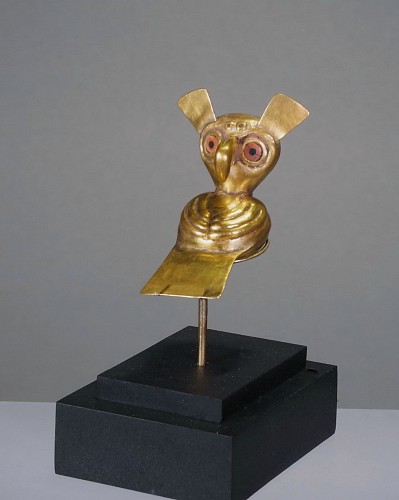 Exhibition: Online Exhibition of Over 40 Pre-Colombian Gold Works, Work: Early Moche Gold Owl Ornament or Necklace Element &bull;SOLD