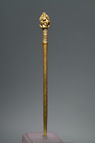 Colombia - Calima Gold Tupú or Lime Dipper of a Deity Seated on a Serpent $8,250