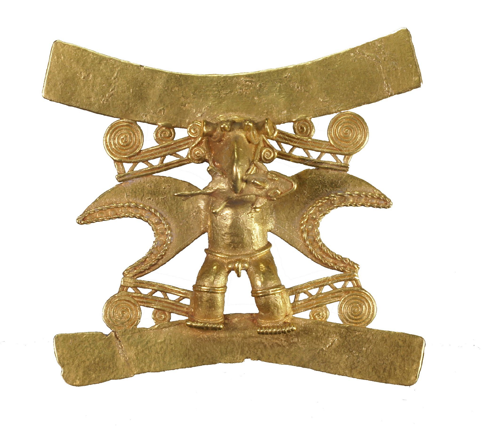 Panama, Diquis Gold Figural Pendant Wearing a Raptor Bird Mask
The pendant is an excellent example of the Lost Wax casting technique.  The imposing figure has typical Diquis style "C"-shaped wings with crocodile heads emanating from behind the head and feet.   The figure is probably a male shaman in transition for flight to the other world.  This pendant is illustrated in THE ART OF PRECOLUMBIAN GOLD- The Jan Mitchell Collection, pg. 105,  and also in POWER OF GOLD, p. 72.  Another similar example of a Diquis pendant with with a bat's head is illustrated in Between the Continents/Between Seas: PRECOLUMBIAN ART OF COSTA RICA, plate 93. Another very similar piece is in the Denver Art Museum.  Ex. New York collector, prior to 1970.
Media: Metal
Dimensions: Height: 31/4" x Width: 31/2"   Weight: 97gramsXRF: Au. 90.6%, Ag.6.3%, Cu. 2.8% Pt. Platimum 1.03%
Price Upon Request
n7055