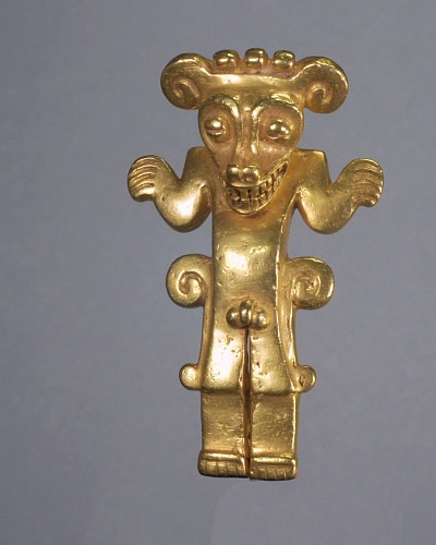 Exhibition: Online Exhibition of Over 40 Pre-Colombian Gold Works, Work: Diquis Style Cast Gold  Figure of a Shaman Wearing an Crocodile Mask Price Upon Request