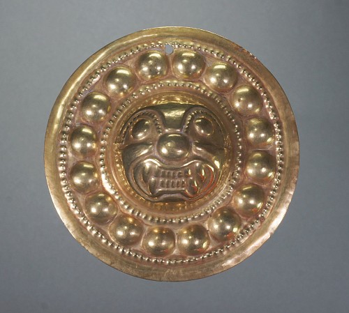 Ecuador - Narino Gold Embossed Ornament Decorated with a Feline Head &bull;SOLD