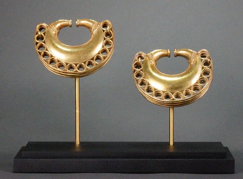 Colombia - Tairona Pair of gold lost wax cast ear ornaments decorated with braidwork &bull;SOLD