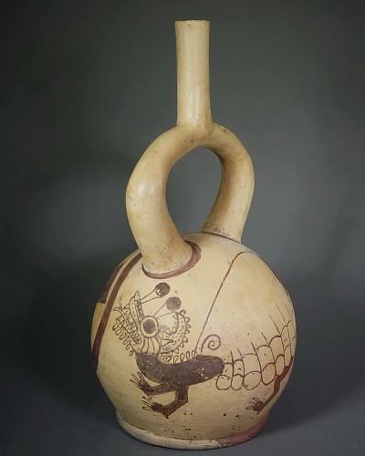 Moche 4 Stirrup Spout Vessel painted with a Strombus Monster $6,500