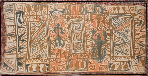 Textile: Chancay Painted Cotton Panel with Four Abstract Figures and Symbols $7,500