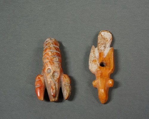 Peru - Chimu Carved Crayfish and Bird Pendants Carved from Spondylus Shells $1,250