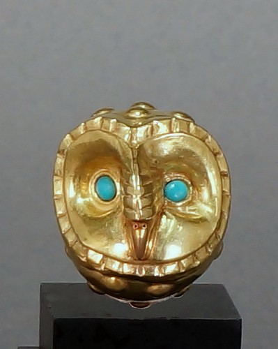 Peru - Moche Small Gold Male Condor Bead with Turquoise Eyes $5,000
