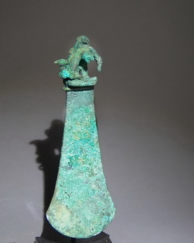 Moche Lost Wax Cast Bronze Tumi of a Warrior Capturing a Feline Deity $6,000