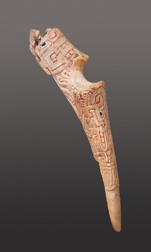 Bone: Chavin Carved Bone Spatula with Incised Morphed Faces $6,000