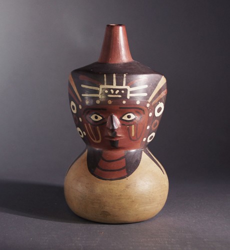 Exhibition: AFFORDABLE ARTIFACTS: $3,500 and UNDER, Work: Wari Single Spout Figural Bottle with Elaborate Facial Decoration $2,800