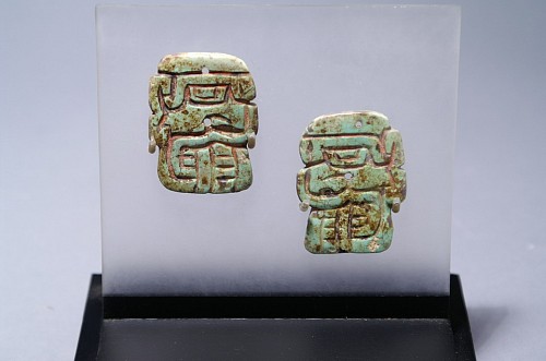 Exhibition: AFFORDABLE ARTIFACTS: $3,500 and UNDER, Work: Chavin pair of Turquoise Plaques with Profile Faces $2,900