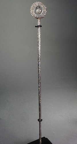 Exhibition: AFFORDABLE ARTIFACTS: $3,500 and UNDER, Work: Chimu Silver Tupu with Ornate Rattle $2,650
