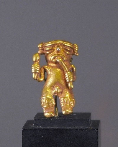 Exhibition: AFFORDABLE ARTIFACTS: $3,500 and UNDER, Work: Chiriqui Cast Gold Miniature Flute Player $1,900