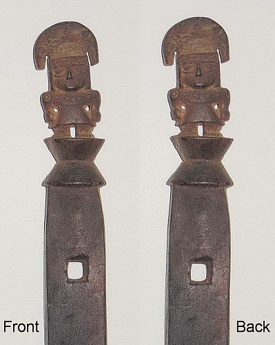 Pari of Huacho Carved Baby Carrier Posts with Reversible Figures $2,400