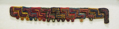 Exhibition: AFFORDABLE ARTIFACTS: $3,500 and UNDER, Work: Paracas Miniature Knitted Fringe or Neck Opening with Double-Headed Worms $2,800