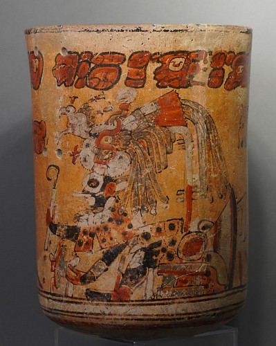 Mayan Polychrome Ceramic Cylinder Vessel with Ruler and Otherworld Serpent Deity $8,500