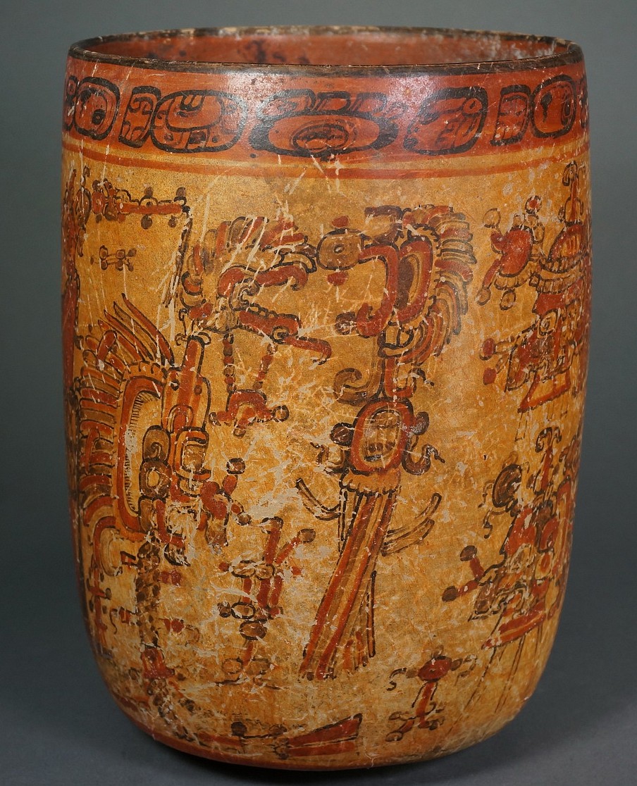 Guatemala, Mayan Tepeu 1 Style Mayan Painted Cylinder With Complex Palace Theme
This Tepeu 1 Style cylindrical vessel features complex iconography and a hieroglyphic inscription under the rim.  There are two young, idealized male lords who likely represent Maize gods, as well as isolated floating motifs which are common in Mayan art.  Deity heads with long snouts appear in front of the lords, possibly representing headdresses or possibly representing actual deities.  The sets of three lines at the bottoms may represent stands or tripods for the masks.  This vessel was reported on by Dr. Nicholas Hellmuth and exhibited at the MIHO Museum in Osaka in July of 2011.  See Hellmuth's Late Classic (Tepeu 2) Vases: Throne Scenes essay for reference. Vases with Hieroglyphic Inscriptions Formerly in the collection of Hiroshi Miura, Tokyo, Japan, prior to 1969.
Media: Ceramic
Dimensions: Height: 7 1/2" x Diameter: 5 1/4" inches
$12,500
N5026