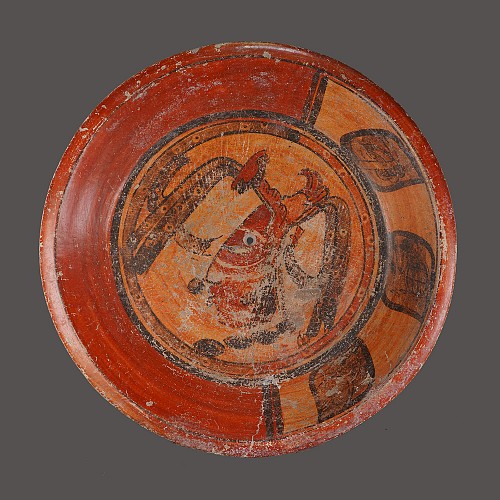 Exhibition: Mayan Art Exhibit, Work: Mayan Ceramic Tripod Plate with Profile of a The Maize God Hun Hunaphu Price Upon Request