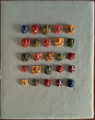 Peru - 25 Proto-Nasca Knitted Miniature Faces in Blue, Green, Pink, Red and Yellow $1,500